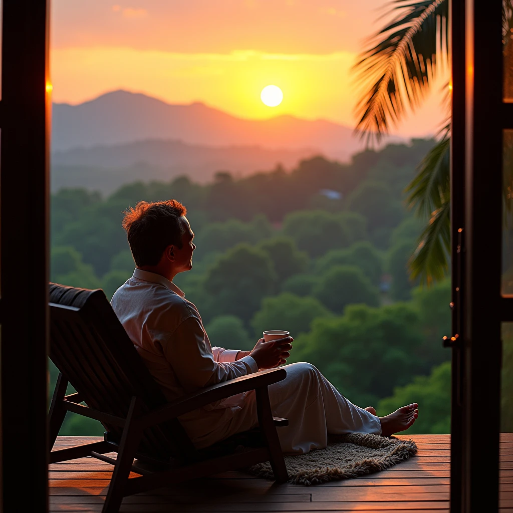 A guest sitting on a villa terrace, holding a coffee cup, gazing at a vibrant sunrise over a dense forest. Soft morning light, tranquil atmosphere, shot with a 85mm lens, warm tones, high detail