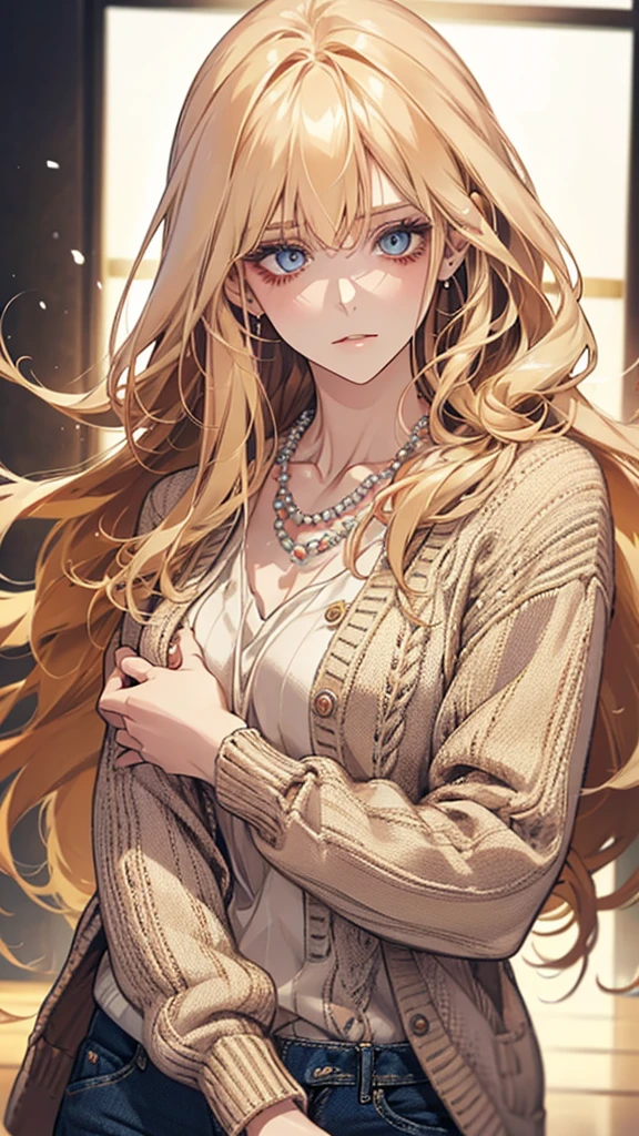 gorgeous adult woman, long neck, long blonde hair, bangs, perfect eyes eyes, soft light, high quality, 4k resolution, casual clothes, bead necklace, knit cardigan, looking at viewer, Put left hand on left cheek and think,Output temperature