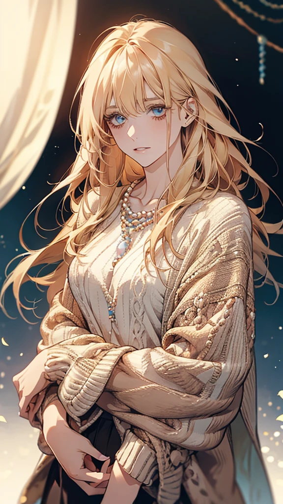 gorgeous adult woman, long neck, long blonde hair, bangs, perfect eyes eyes, soft light, high quality, 4k resolution, casual clothes, bead necklace, knit cardigan, looking at viewer, Put left hand on left cheek and think,Output temperature