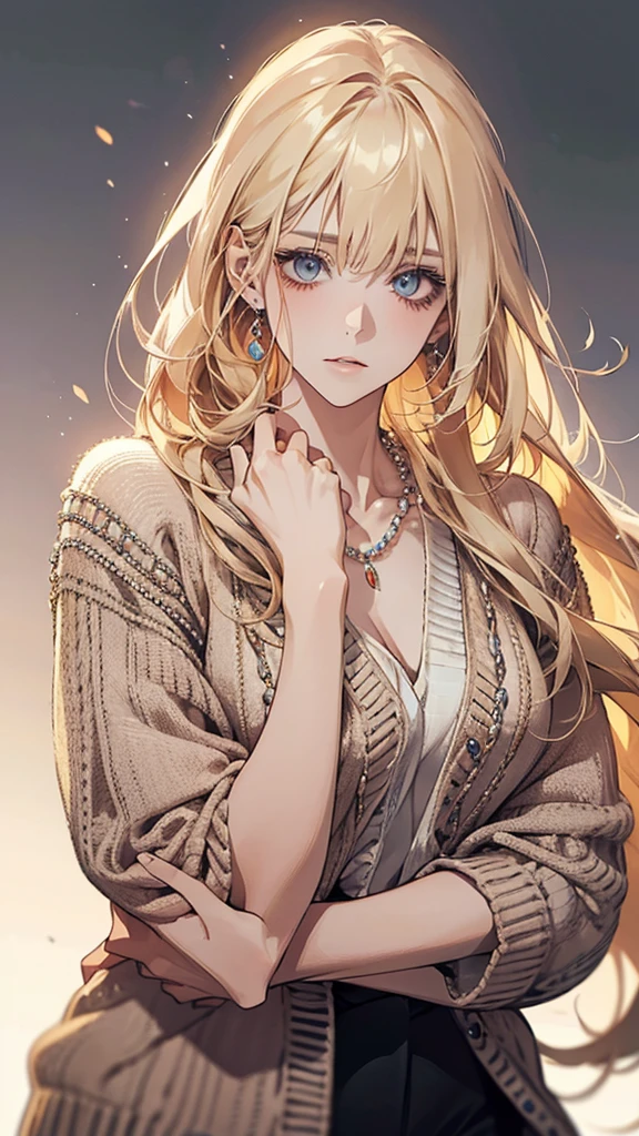gorgeous adult woman, long neck, long blonde hair, bangs, perfect eyes eyes, soft light, high quality, 4k resolution, casual clothes, bead necklace, knit cardigan, looking at viewer, Put left hand on left cheek and think,Output temperature