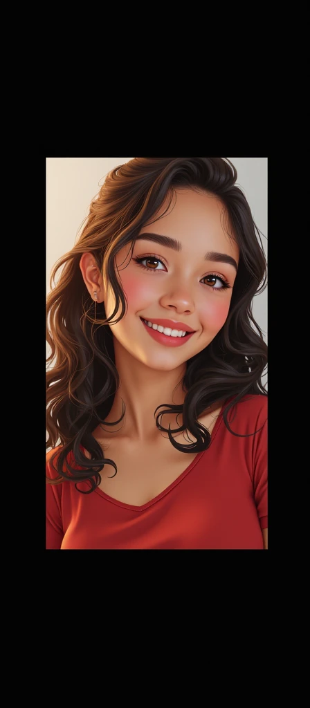 (best qualityer)), ((work of art)), (detailded), 1 girl with medium brown hair, curly with little volume. Um cropped preto. eyes black, slightly small and pulled. Brownish tan skin. An eyebrow pinch. light-makeup. And beautiful smile. Curly hair with looser, medium curls.