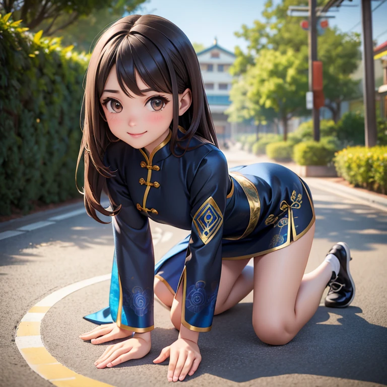 Girl mid hair Brown hair brown eyes Blue matching Smile confidently Correct limbs, black cheongsam, outdoor path background, kneeling 