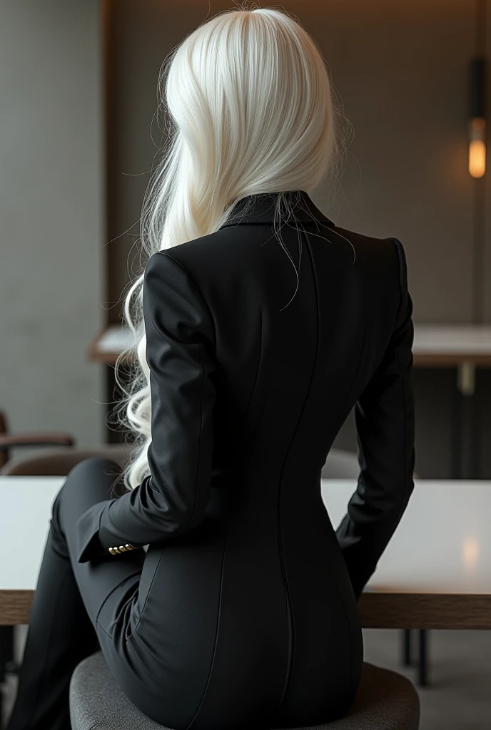 Back view of a beautiful white woman sitting in a tight suit
