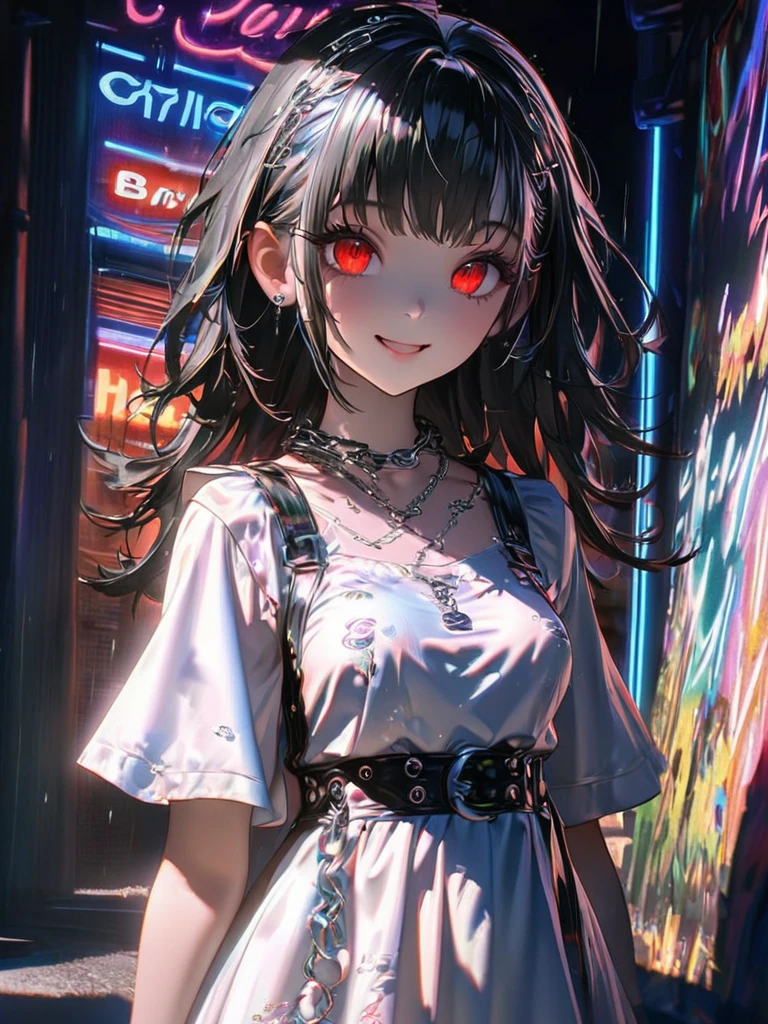 1 person, chromatic aberration, Written boundary depth, Soft Light, masterpiece, Highest quality, complicated, Tone Mapping, A place where fireworks are set off at festivals. Concept Art, Smooth, Clear focus, Dramatic lighting, Very cinematic, super practical painting, アートステーション's trending, 8k, Incredible Shadows, practical, whole body, View, Viewers, Portrait of a Girl 1, standing on street corner, Heavy rain and lightning、Dark Sky, neon and cyber punk background, she is dressed in punk clothing with silver chains and silver spikes, Her hair was dyed a bright black color..........Ominous aura of light, smile, punk, ciber punk, Backlight.Fashionable clothes、Friendly dress code:wearing cute white dress.My breasts are a little big.Beautiful red eyes