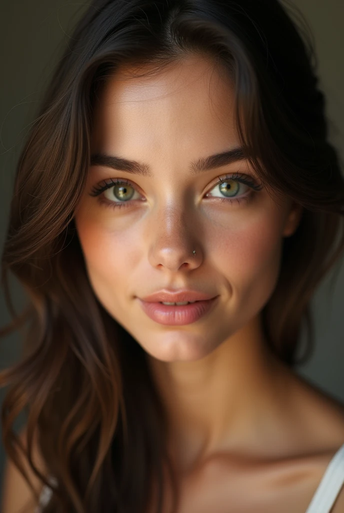 belle brune(22 ans, visage innocent, cheveux naturellement lisse, yeux verts), selfie en haut du corps
