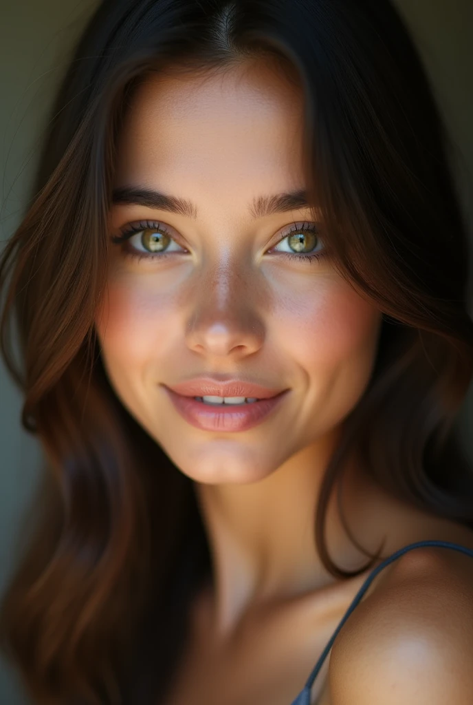 belle brune(22 ans, visage innocent, cheveux naturellement lisse, yeux verts), selfie en haut du corps