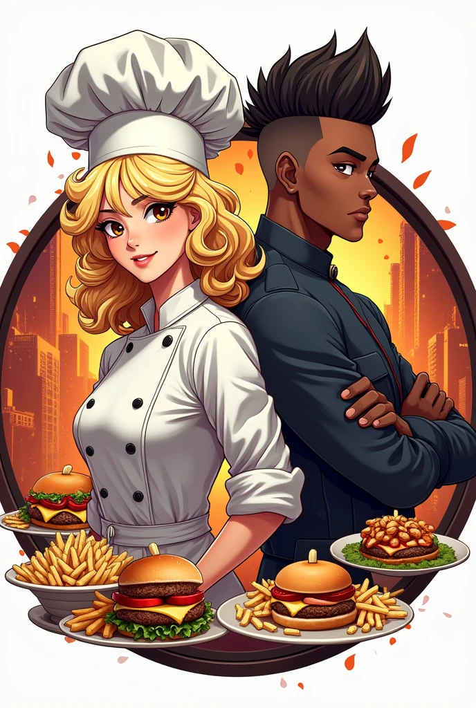 Create me a circular logo for my restaurant where a blonde curly-haired woman with brown eyes appears, who is the chef, next to a black-skinned soldier. (military cut) where both are surrounded by lots of fast food and plates everywhere with food on them too . I need it to be creative, urban type and anime style