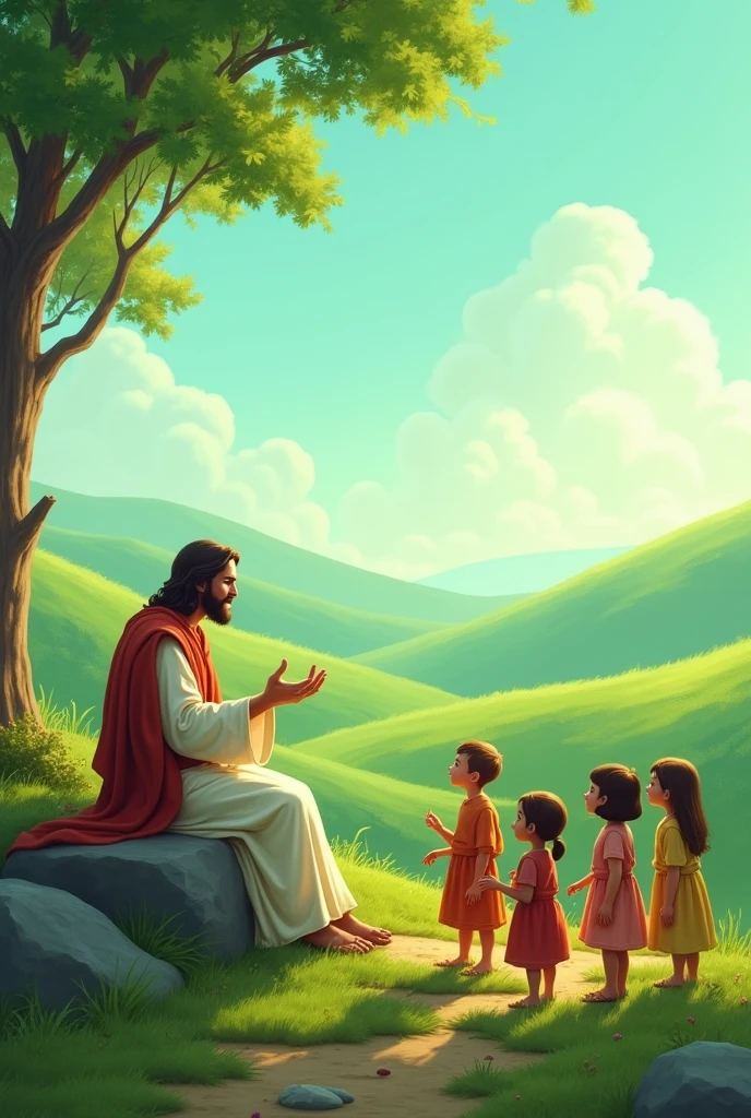 A green land with good sky and at left bottom in small size Jesus sitting on stone teaching children