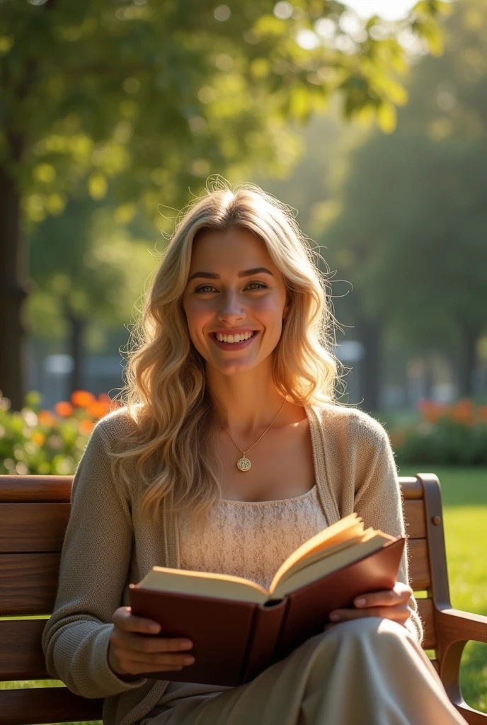 photorealistic image of a woman with wavy blond hair, sitting on a sofa, holding a book and laughing, on a bench in a pretty park, cinematographic composition.