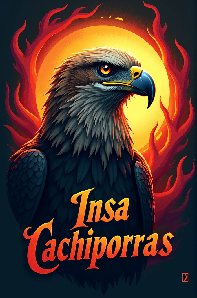 Create a logo of a very real profile eagle with letters at the bottom that say INSA CACHIPORRAS in a color like fire and flames in the background vibrant colors