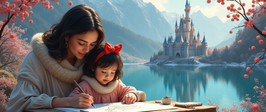 Mother and daughter drawing Snow White with background with castle and colorful lake