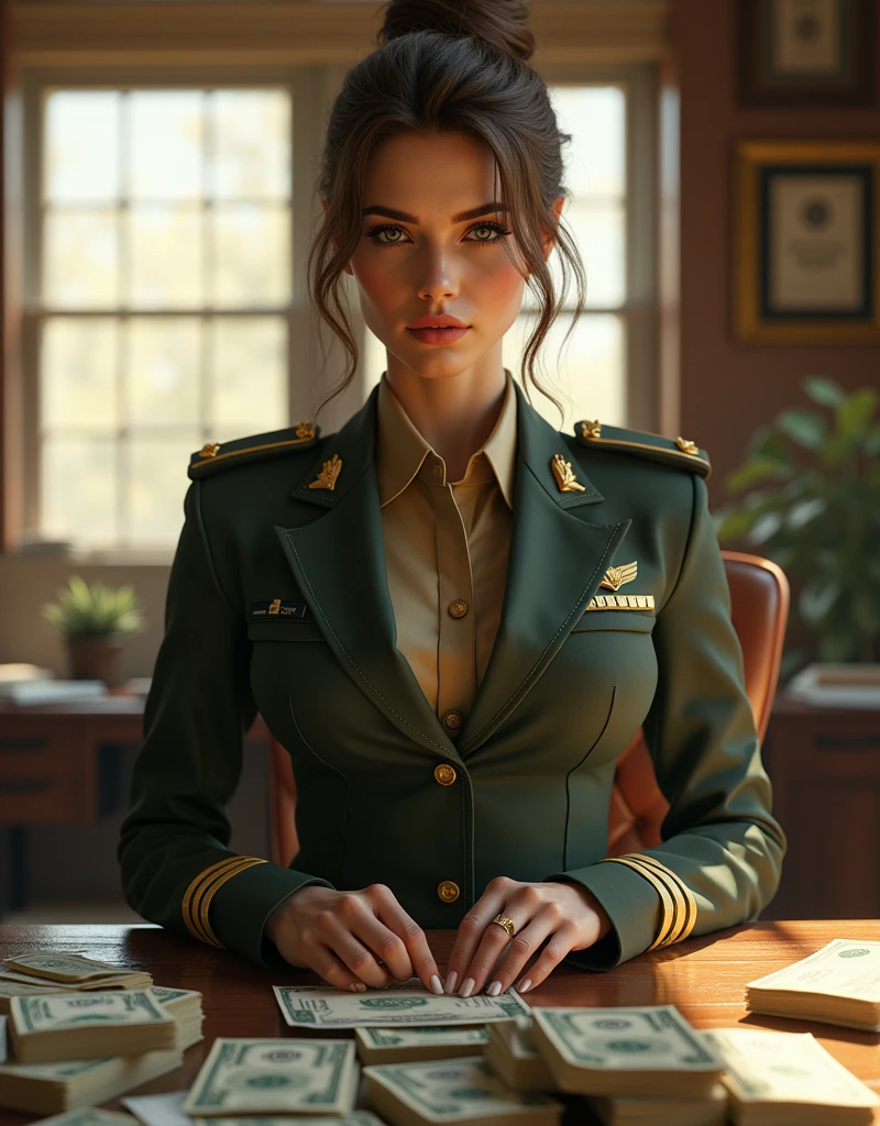(Photorealism:1.2), sexy woman soldier, She is counting a lot of money.. office. girl in military uniform.