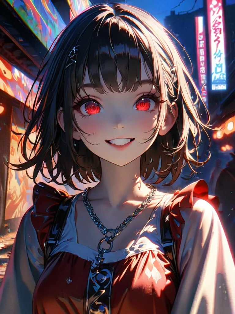 1 girl, chromatic aberration, Written boundary depth, Soft Light, masterpiece, Highest quality, complicated, Tone Mapping, A place where fireworks are set off at festivals. Concept Art, Smooth, Clear focus, Dramatic lighting, Very cinematic, super practical painting, アートステーション's trending, 8k, Incredible Shadows, practical,  whole body, View, Viewers, Portrait of a Girl 1, standing on street corner, Heavy rain and lightning、Dark Sky, neon and cyber punk background, she is dressed in punk clothing with silver chains and silver spikes, Her hair was dyed a bright black color..........Ominous aura of light, smile, punk, ciber punk, Backlight.Fashionable clothes、Friendly dress code:Wearing a cute red dress.My breasts are a little big.Beautiful red eyes