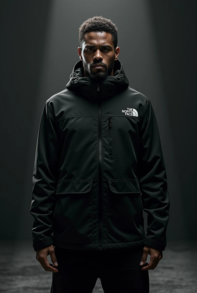 Create an image that is a NEW and innovative advertisement for the brand “The North Face”, that transmits elegance, can, force, respect and authority, containing a person and an innovative and captivating slogan, that black color predominates