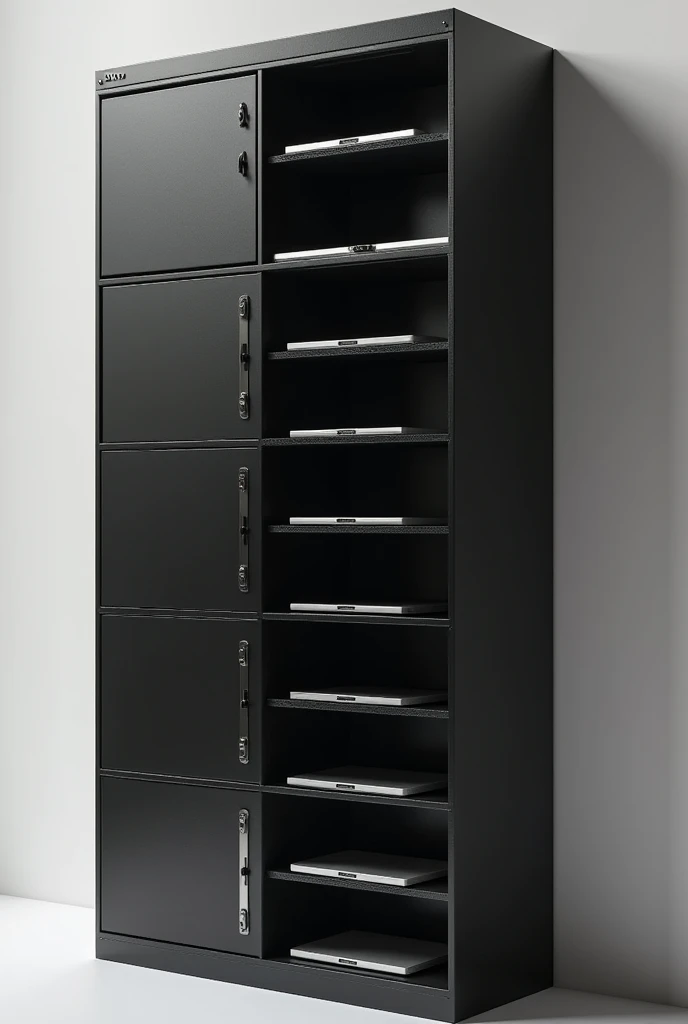 Phone locker that "The appearance is of a large cabinet with many compartments, similar to a cabinet for storing spiders, and it has five slots for laptops. The color is black." 