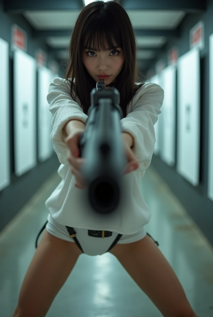 (grainy:0.5), cinematic, naked girl, space, serious, detailed eyes, detailed face, detailed huge breast, (aiming gun:1.1), (hiding:1.1), (squatting, looking to side:1.1), volumetric lighting, isolation, horror, dark lighting, red bioluminescent details, green bioluminescent details, blue bioluminescent details