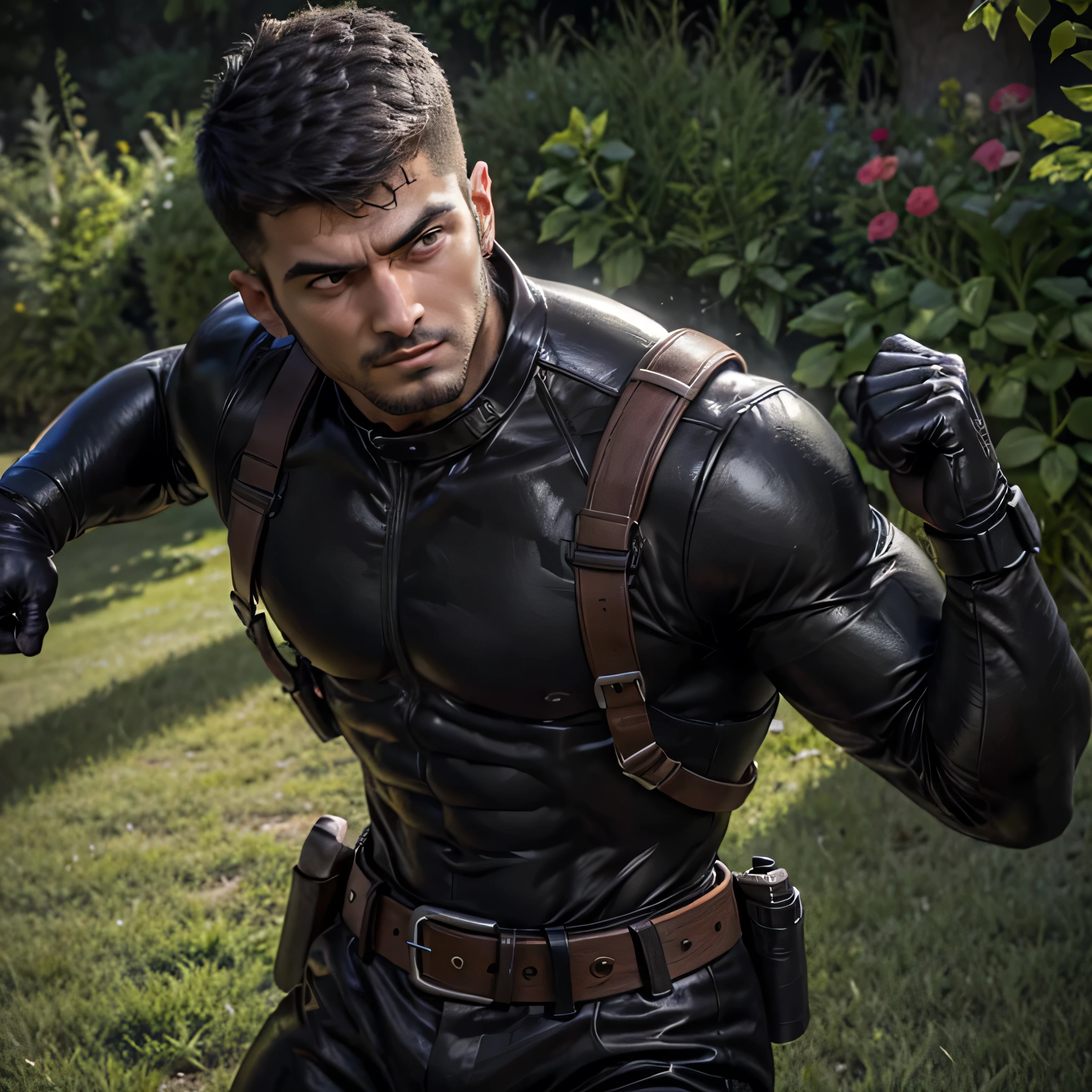 2,One Man,、Black bodysuit、Shocker Belt、Black gloves、With a handgun on his hip、garden、On the grass、logic, ,Black Hair、Very short hair、Handsome Fighter Stubble Iraqi face Stubble Lie on your back with your legs open、Black socks Seen from below