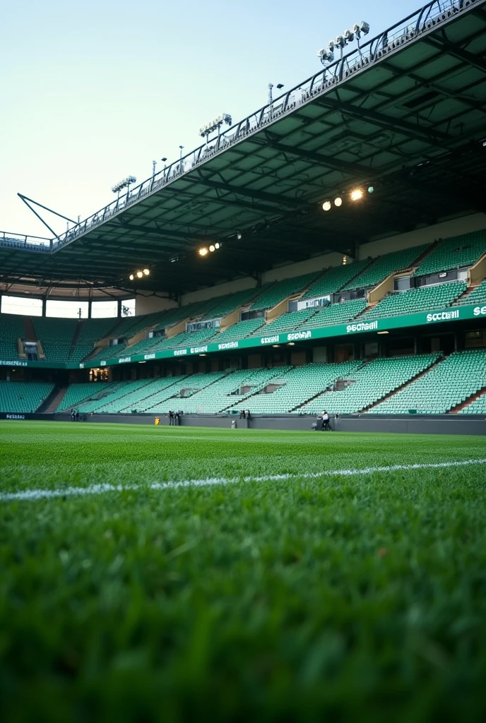 Create an image of small football stadium stands that are green and black., and the image is seen from the front. That only a couple of stands are visible and that the image is taken from the grass of the stadium but that it focuses on the stands, that it is a small stadium.