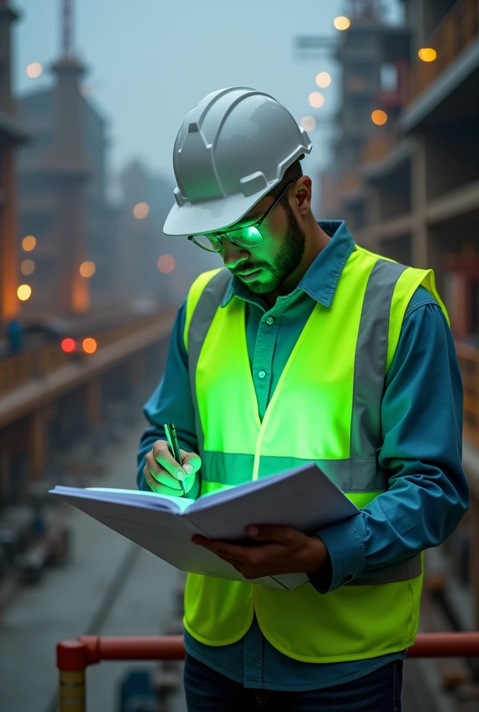 Engineer with White Helmet, phosphorescent green vest, making an audit, vertical image