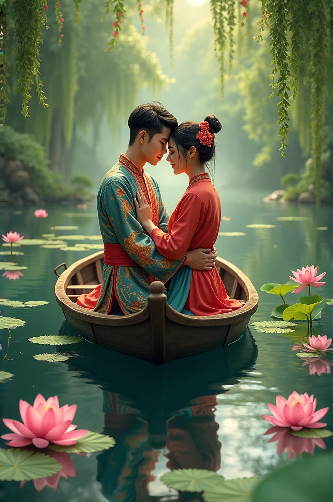 Drawing of two handsome young men in Vietnamese costumes embracing each other on a boat at a lotus pond