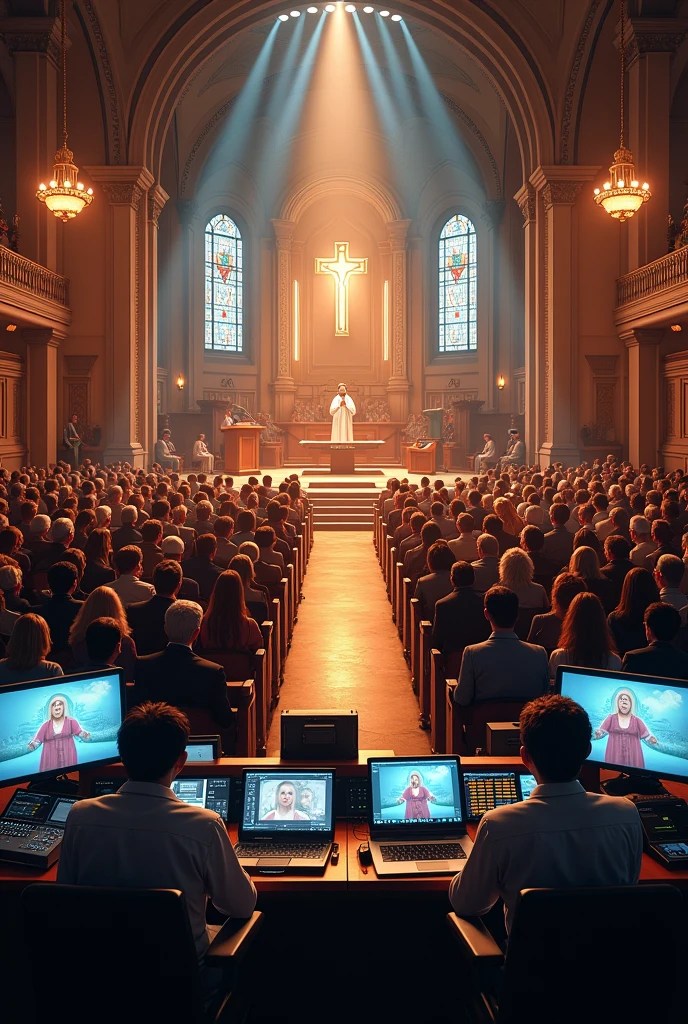 3 cameras taking pictures in a revival church full of people and also the final control room where there are 2 people broadcasting, on le voit images sur les ordinateurs de la régie