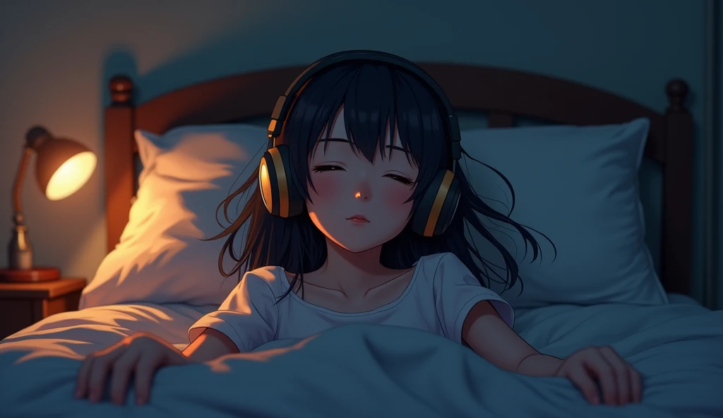 Girl listening to music in a cozy room at night, Using headphones, 2D style anime, Lo-fi, HD, Dark environment