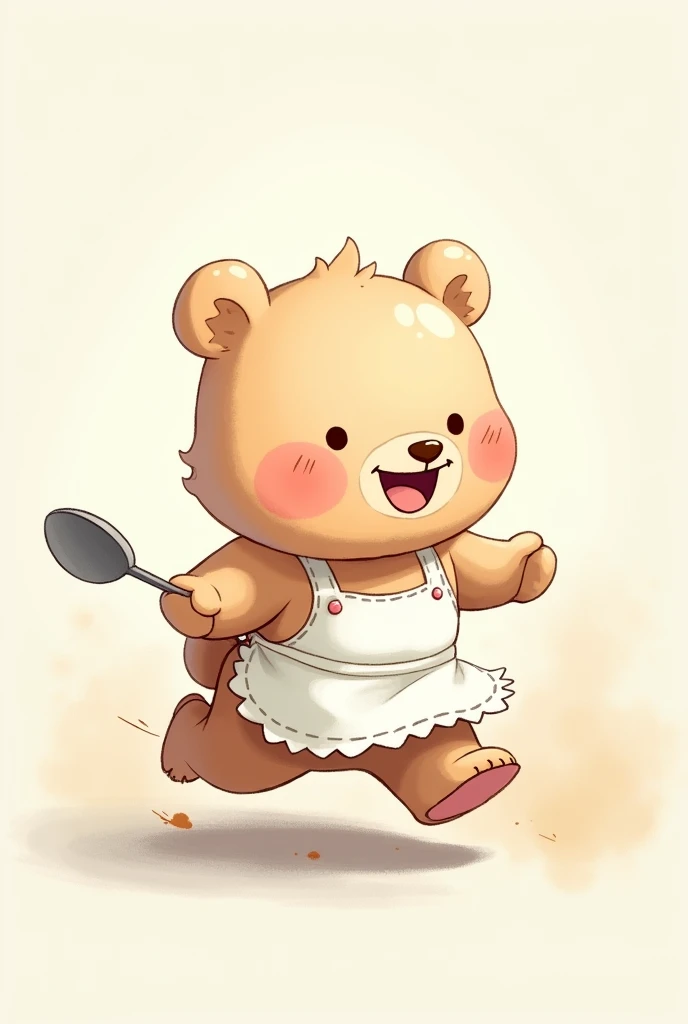 Pastel color ink painting、A cute bear wearing an apron and holding a ladle, running with a smile、Shaking cheeks、Side view
