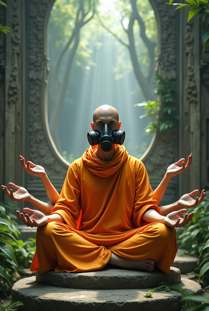 BALD MAN DRESSED IN ORANGE CLOAK AND GAS MASK WITH 6 ARMS MEDITATING AND FLOATING IN NATURE TEMPLE