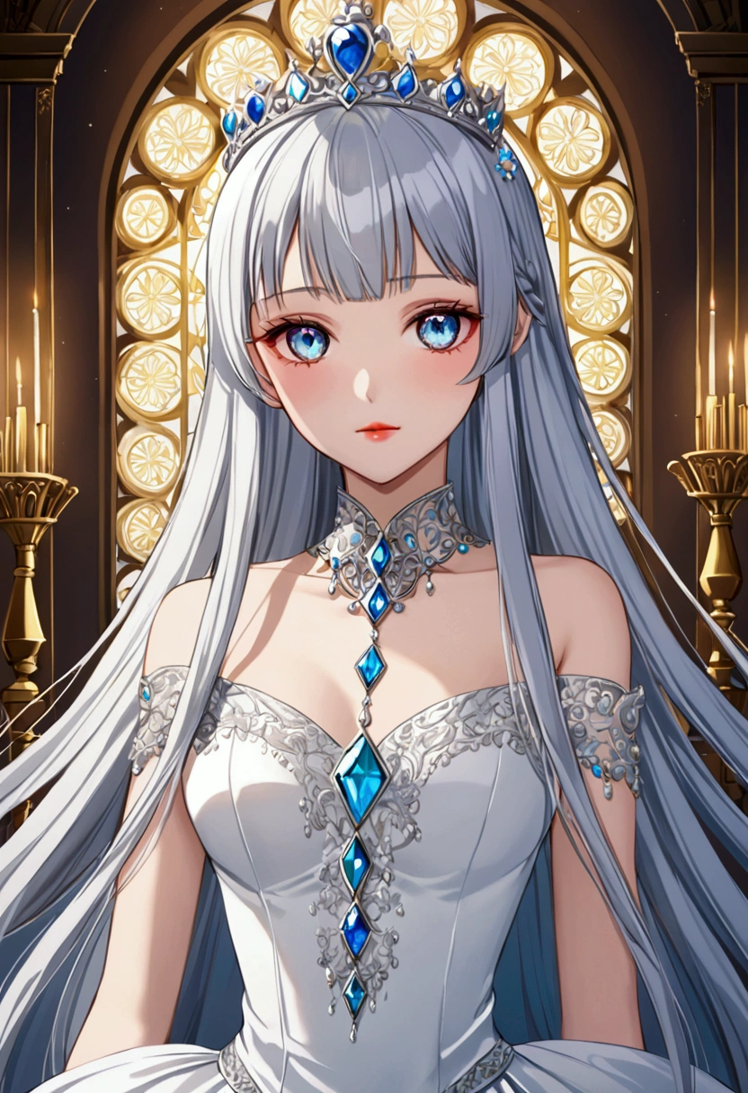 Anime style teenage girl, height of 1.70m, beautiful long hair, elegant, well-groomed and combed silver-colored hair, with long straight bangs, thin-faced, elegant y serio, cold-eyed, Seriously and with disinterest, sharp-eyed, finos y elegants de color arcoiris (the seven colors in each eye displayed in a blurred manner), with long eyelashes, Thin neck, with white and smooth skin, red lips that can't smile, with straight posture, fina y elegant, She is wearing a royal dress worthy of, elegant, fine light blue, Marking and showing her big breasts, with a thin waist and big hips. Worthy of the nickname ice queen.