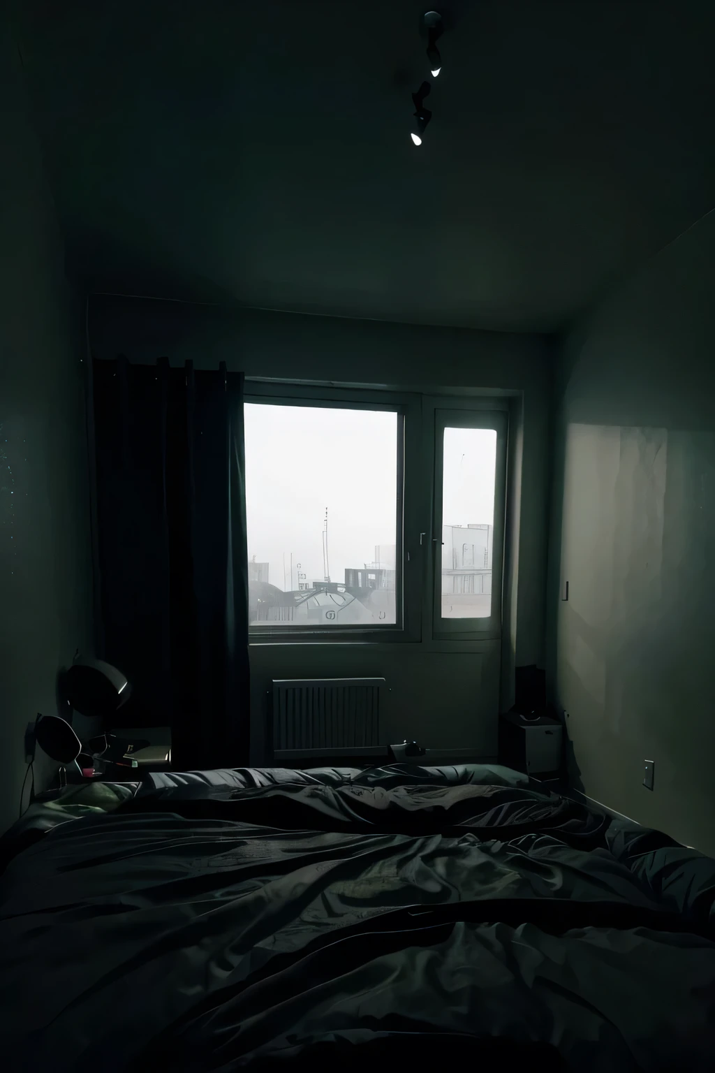 View from a person lying in bed in a dark, eerie bedroom by night