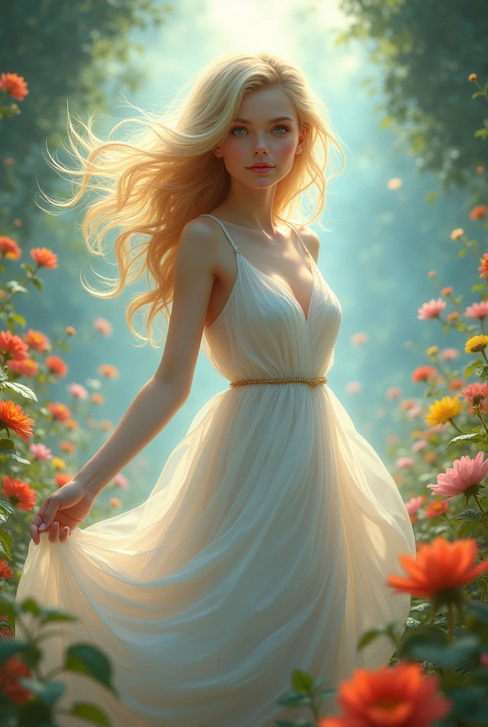 The image is a digital artwork featuring a young woman with blonde hair and blue eyes, she is wearing a white dress and surrounded by flowers, her hair is flowing, and she appears to be in a dreamy or fantasy setting.