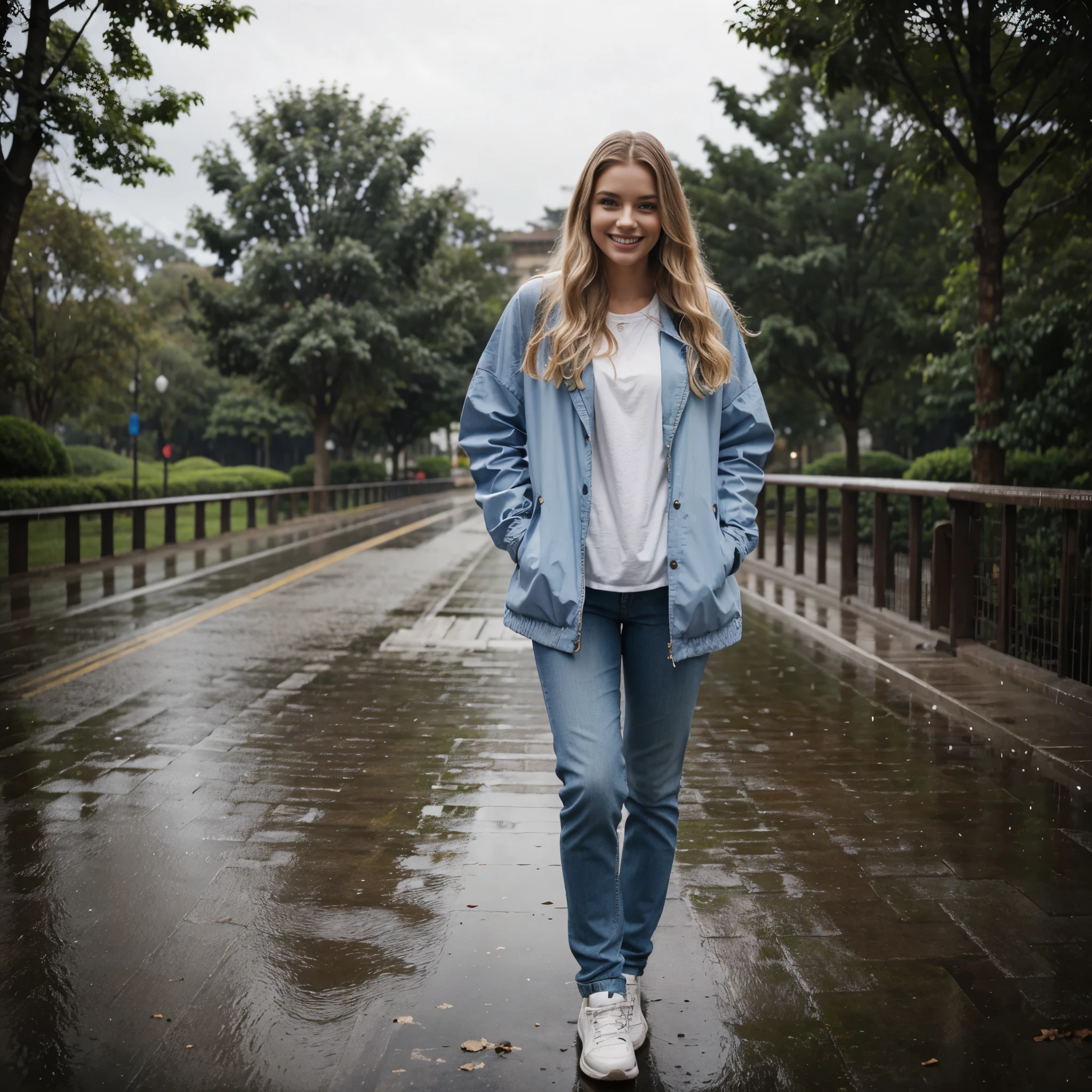 A single beautiful, divine woman with striking blue eyes, smiling radiantly, standing alone in the rain. She is tall, with a model-perfect figure, wearing blue jeans, a thick winter jacket, and pink sneakers. Her long, wavy blonde hair flows freely as she stands happily in Parque de la 93 in northern Bogotá. The scene captures her under a heavy downpour on a gray day with dark clouds and an overcast sky