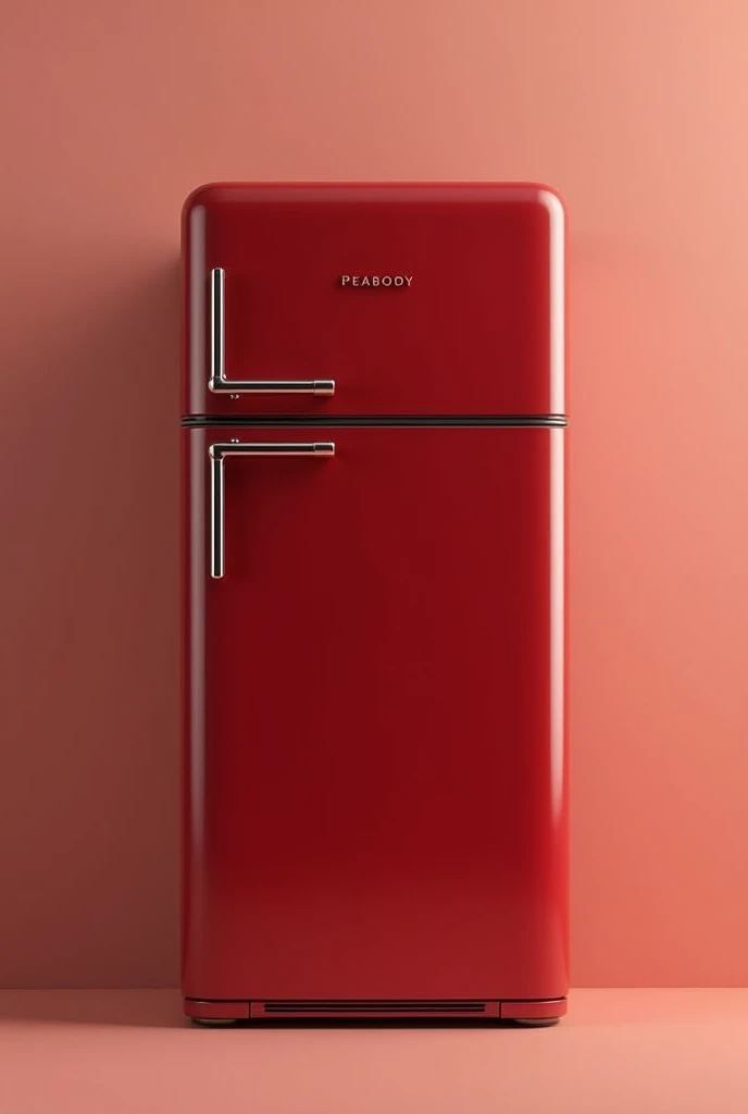 Create an image of a Peabody brand refrigerator with very subtle and minimalist details in red with the frizzer on top