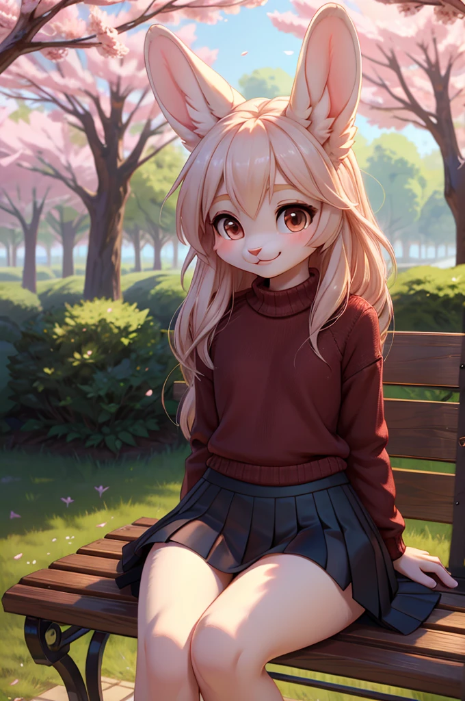 Beautiful, (masterpiece), high quality, perfect lighting, Highly detailed CG Unity 8k wallpaper, High resolution, perfect lighting, youthful, tall, slim, skinny, frail slender figure, slim legs, distinctly feminine figure, narrow hips, long legs, close up, Anthropomorphic rabbit, CG Unity, youthful, , delicate feminine figure, soft white fur, long, silky ears, big brown eyes. Cute outfit—cropped sweater, pleated skirt, thigh-high socks. Sitting on a park bench, cherry blossoms falling around her, a gentle blush on her cheeks, lips curved in a shy smile, hands resting on her lap, ears slightly tilted, every detail crystal clear, her innocent charm and soft beauty captivating in the spring sunlight