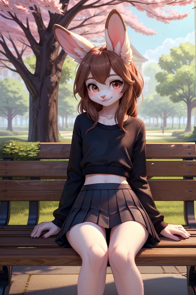 Beautiful, (masterpiece), high quality, perfect lighting, Highly detailed CG Unity 8k wallpaper, High resolution, perfect lighting, youthful, tall, slim, skinny, frail slender figure, slim legs, distinctly feminine figure, narrow hips, long legs, close up, Anthropomorphic rabbit, CG Unity, youthful, , delicate feminine figure, soft white fur, long, silky ears, big brown eyes. Cute outfit—cropped sweater, pleated skirt, thigh-high socks. Sitting on a park bench, cherry blossoms falling around her, a gentle blush on her cheeks, lips curved in a shy smile, hands resting on her lap, ears slightly tilted, every detail crystal clear, her innocent charm and soft beauty captivating in the spring sunlight