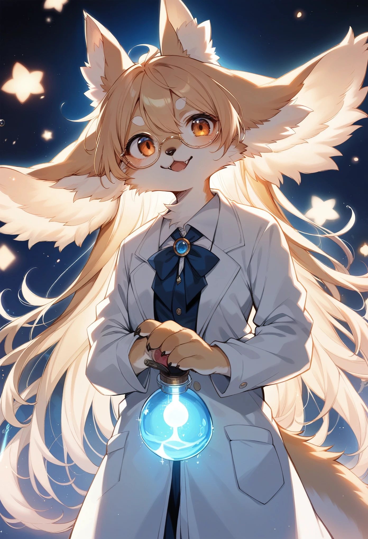 rating_safe, score_9, score_8_up, score_7_up, score_6_up, score_5_up, score_4_up, hires, highres, source_furry, cover page(kemono, furry anthro, angelic 1girl, Smiling embarrassedly, glasses)professor, Lab of a crazy alchemist, chemical that shines, Beautiful lights and shadows, Ambient light, Volumetric lighting, Dynamic configuration, Highly detailed and colorful details, luminous lighting, Atmospheric lighting, dream magical, magic, Glowing light,