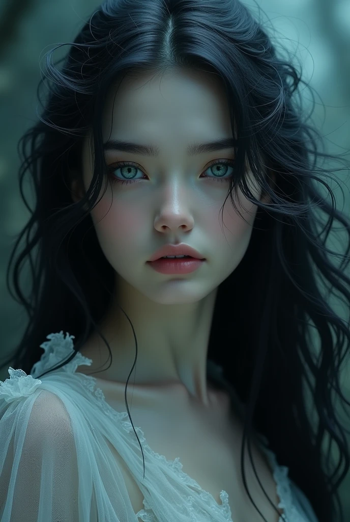 Woman of , pale skin, greyish blue eyes, fox eyes, blackquality hair