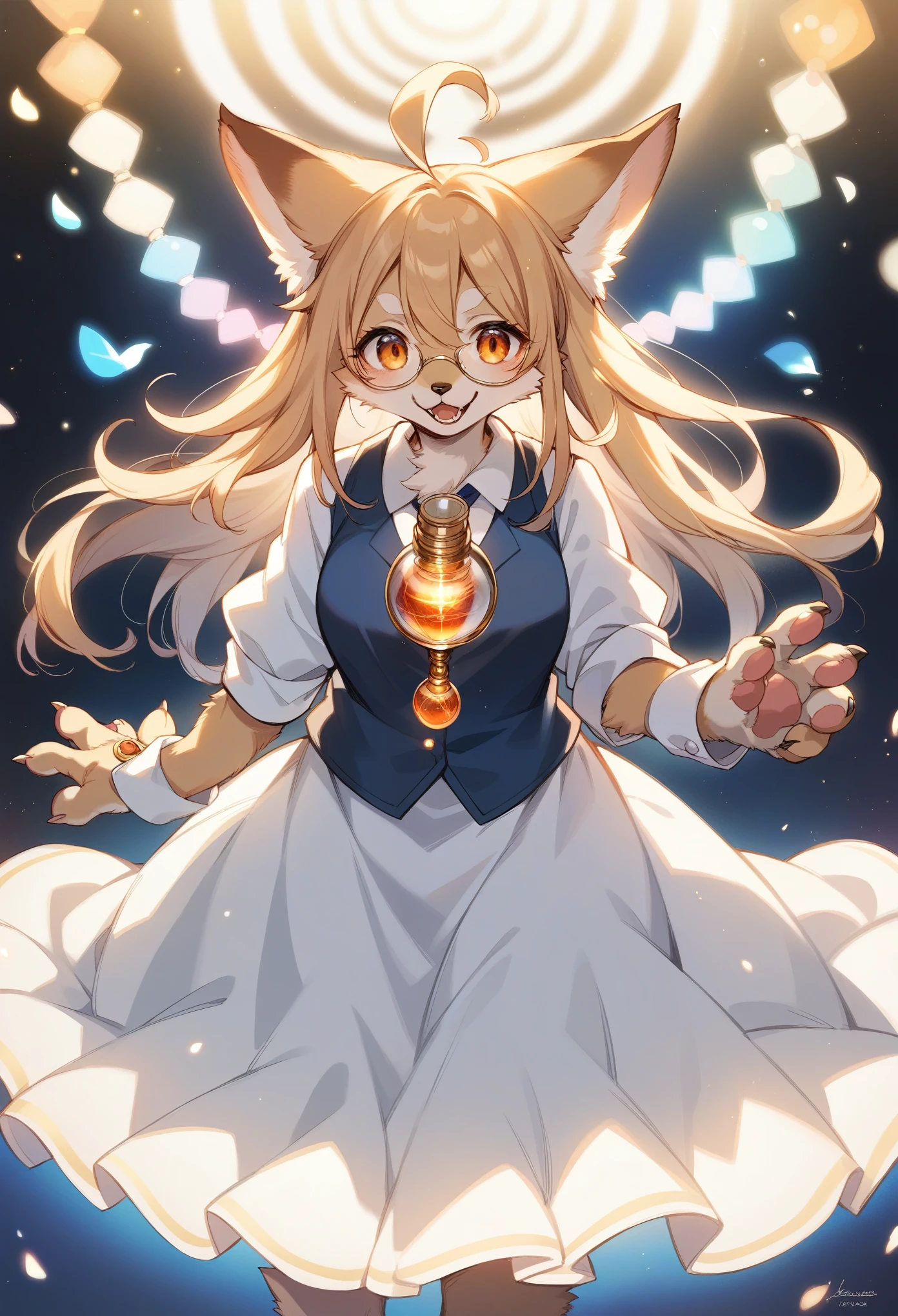rating_safe, score_9, score_8_up, score_7_up, score_6_up, score_5_up, score_4_up, hires, highres, source_furry, cover page(kemono, furry anthro, angelic 1girl, Smiling embarrassedly, glasses)professor, Lab of a crazy alchemist, chemical that shines, Beautiful lights and shadows, Ambient light, Volumetric lighting, Dynamic configuration, Highly detailed and colorful details, luminous lighting, Atmospheric lighting, dream magical, magic, Glowing light,
