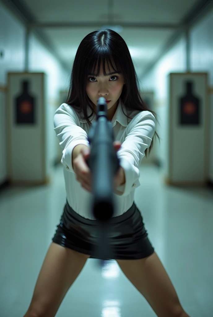 real beautiful sweet big eyes office lady japanese white shirt latex low mini skirt standing legs open wide spreading full portrait holding rifle gun pointing at you front facing aiming at you shooting range