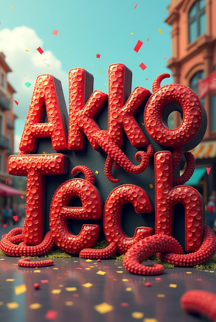 create an image that has AKKOTECH written with AKKO as if the letter were octopus tentacles in red and the TECH is normal in black except for carnival

