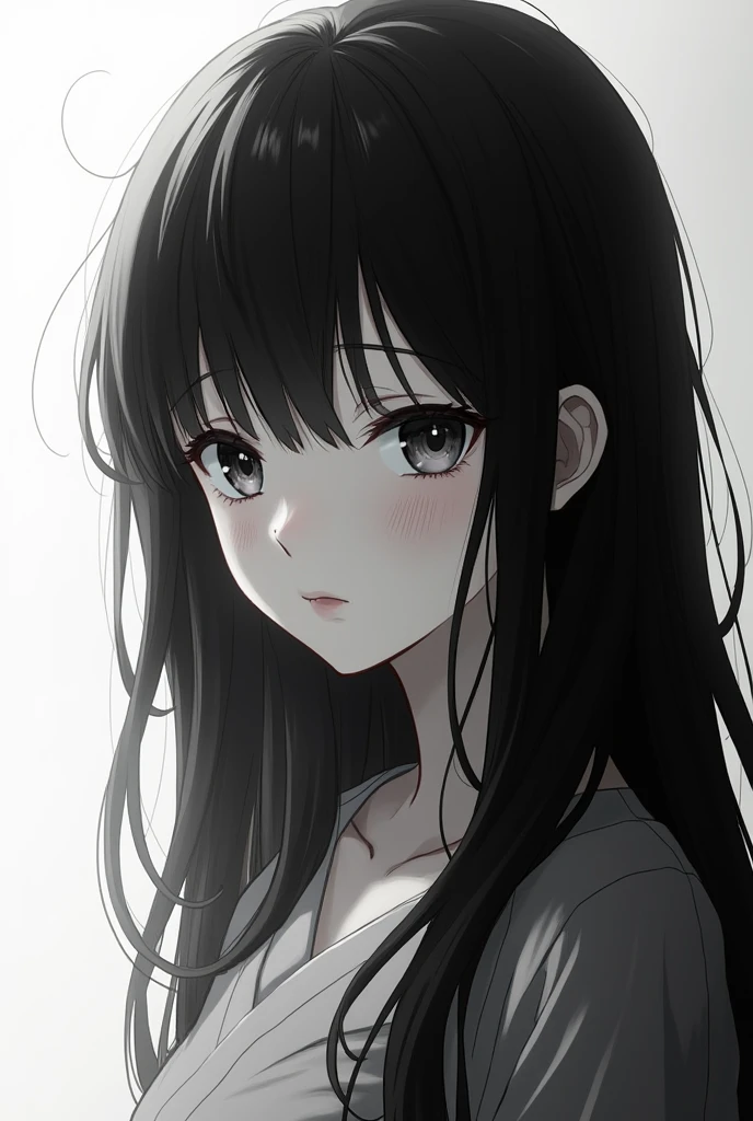 long black hair girl anime style 2d to black and white