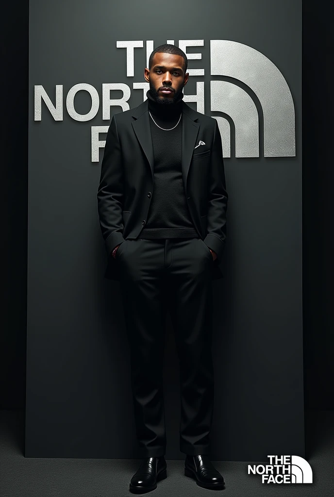 Create an image that is a NEW and innovative advertisement for the brand “The North Face”, that transmits elegance, can, force, respect and authority, containing an innovative and captivating slogan, that black color predominates