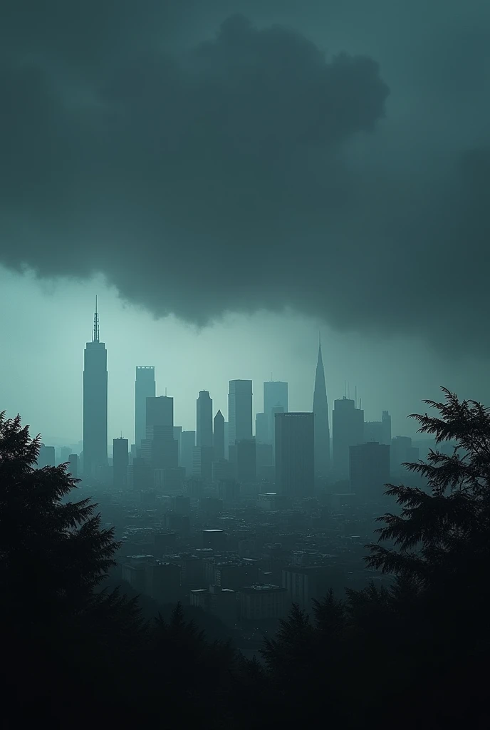 a city in cloudy weather, with dark clouds and trees nearby 