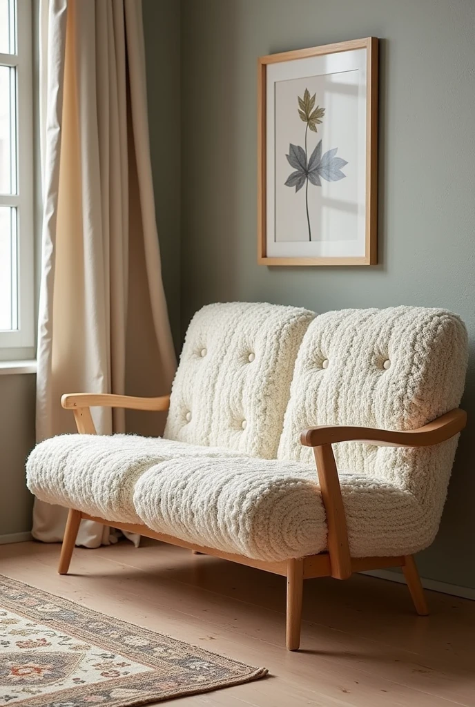 Create a modern sofa,those that resemble a grandmother's sofa and all the upholstery has a knitted or crocheted look, the wood on this sofa must be small, but you have to make wood Make the upholstery more knitted and fluffy Use this same model and create a two-seater sofa identical to this one