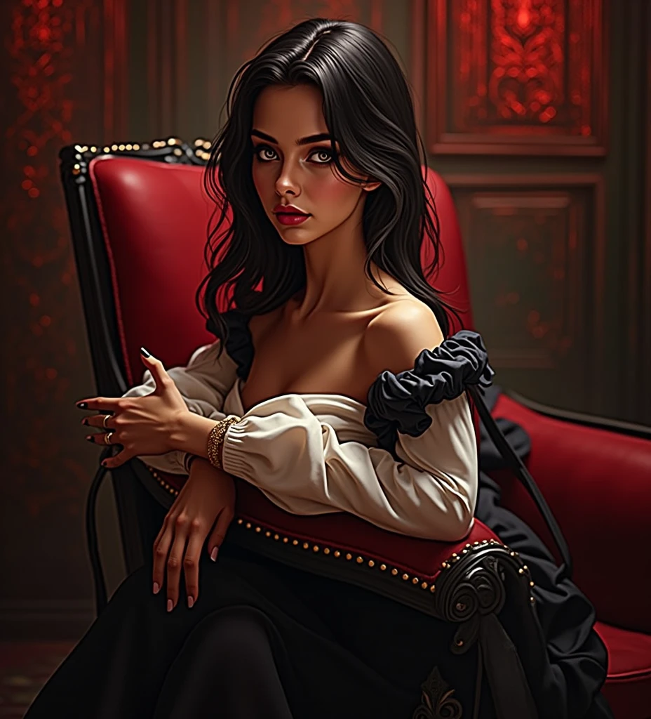 portrait of femme_fatale, long_hair, realism, (best quality,4k,8k,highres,masterpiece:1.2),ultra-detailed,(realistic,photorealistic,photo-realistic:1.37),HDR,UHD,studio lighting,ultra-fine painting,sharp focus,physically-based rendering,extreme detail description,professional,vivid colors,bokeh,dramatic lighting,chiaroscuro,cinematic,moody,dark atmosphere,dramatic pose,elegant,mysterious,seductive