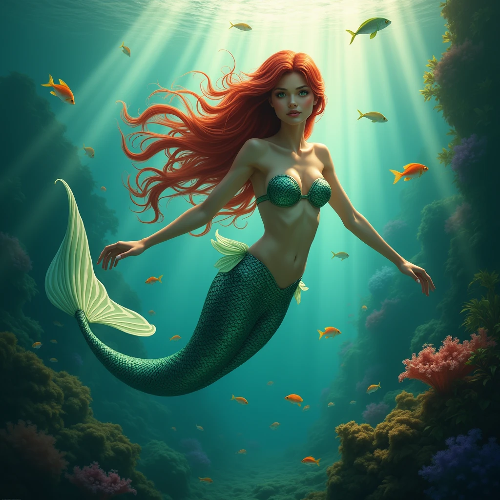 A beautiful red-haired mermaid, in the deep sea, swimming with fish, ILLUMINATED BY THE SUN. Masterpiece artwork, best qualityer.
