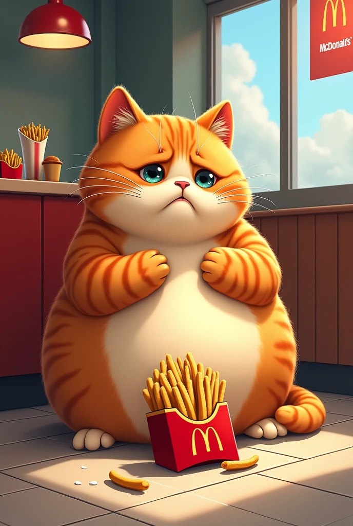 orange fat cat got crying when Spilled the happy meal in McDonald's