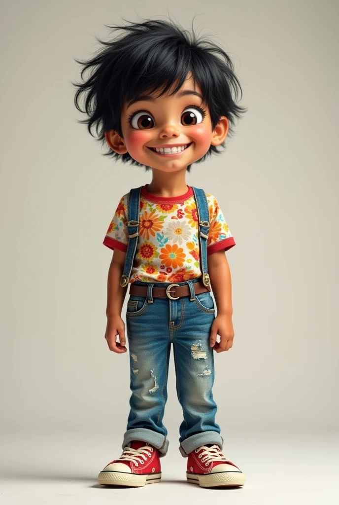 Image of an , , blackquality hair, short, Grinning, brown dark eyes, Scrawny, of calca jeans, sneakers and colorful blouse