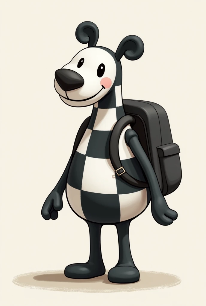 A LIVING CHESSBOARD, with a backpack because he is going on a trip. A design for children, that is not scary. Can the chessboard be a square with legs and arms?? In black and white the board.
