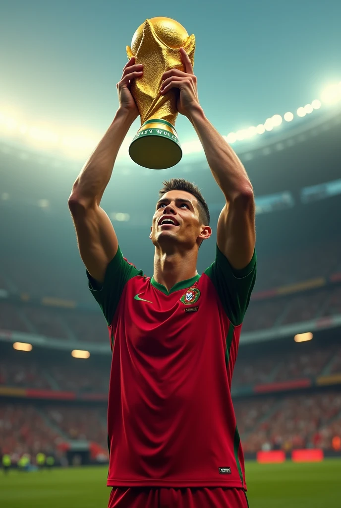 Ronaldo holds the world cup trophy